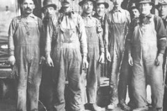 Coniston Smelter workers 1916, Left to right: Nick Chmara, Fred Chuey, Pasqualle Caverson, ?, Dan Forestell, John Dale ?, John Farnel, ?. Photo City of Greater Sudbury Heritage Museums Collection